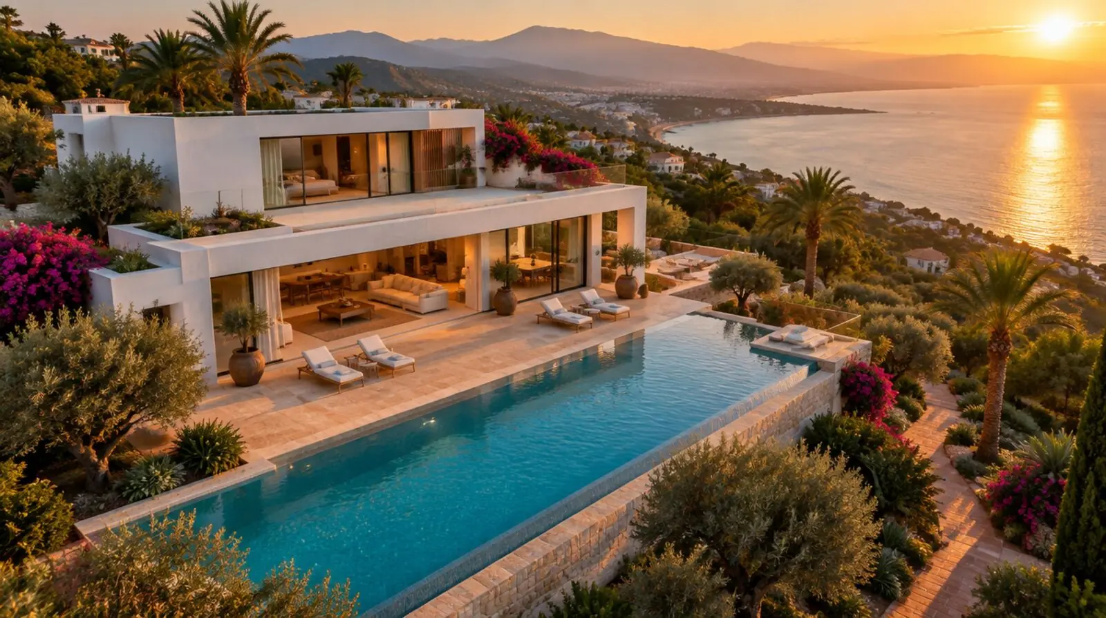 Villa aan de Spaanse kust bij zonsondergang