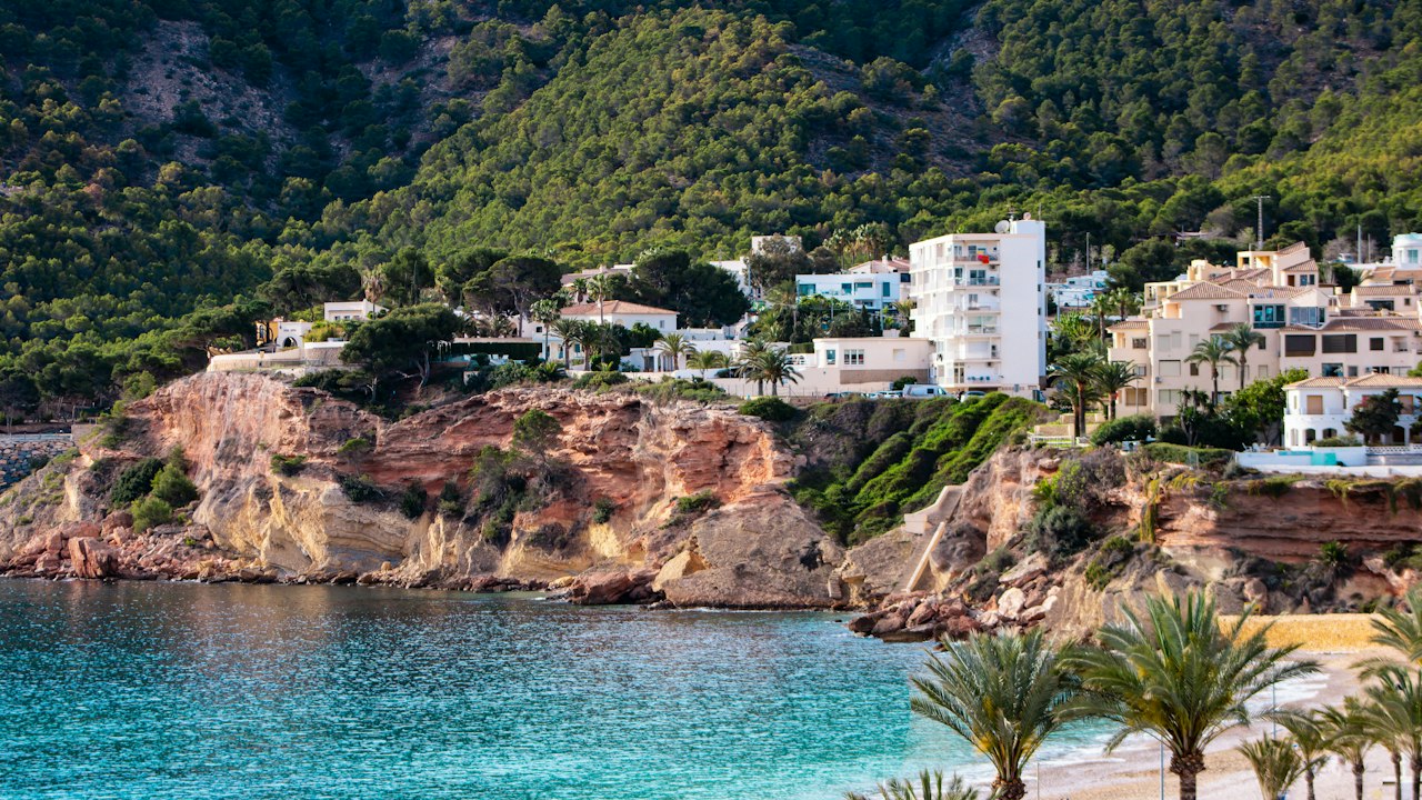 Strand van Playa Flamenca met palmbomen en huizen aan de Costa Blanca